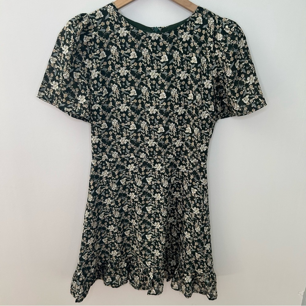VICI from Nordstrom Dark Green Floral Dress with Metallic Stripe, Size XS